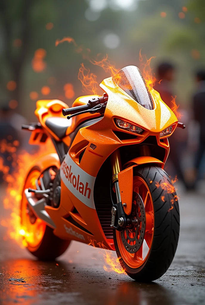 Vell fire orenge color , white stripe logo "bas sekolah"