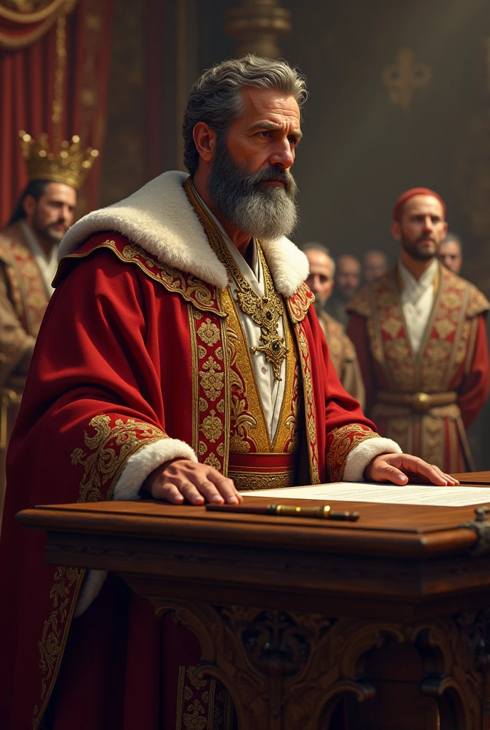 The royal decree
The king stands at a large wooden table, delivering a royal decree. His expression is authoritative and determined. The focus is on the king’s face and his elaborate robes, while the advisors and scribes in the background listen attentively