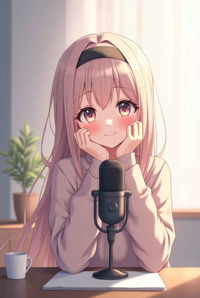 Create an anime girl sitting in front of mic peacefully doing solo podcast of resolution 16:9p