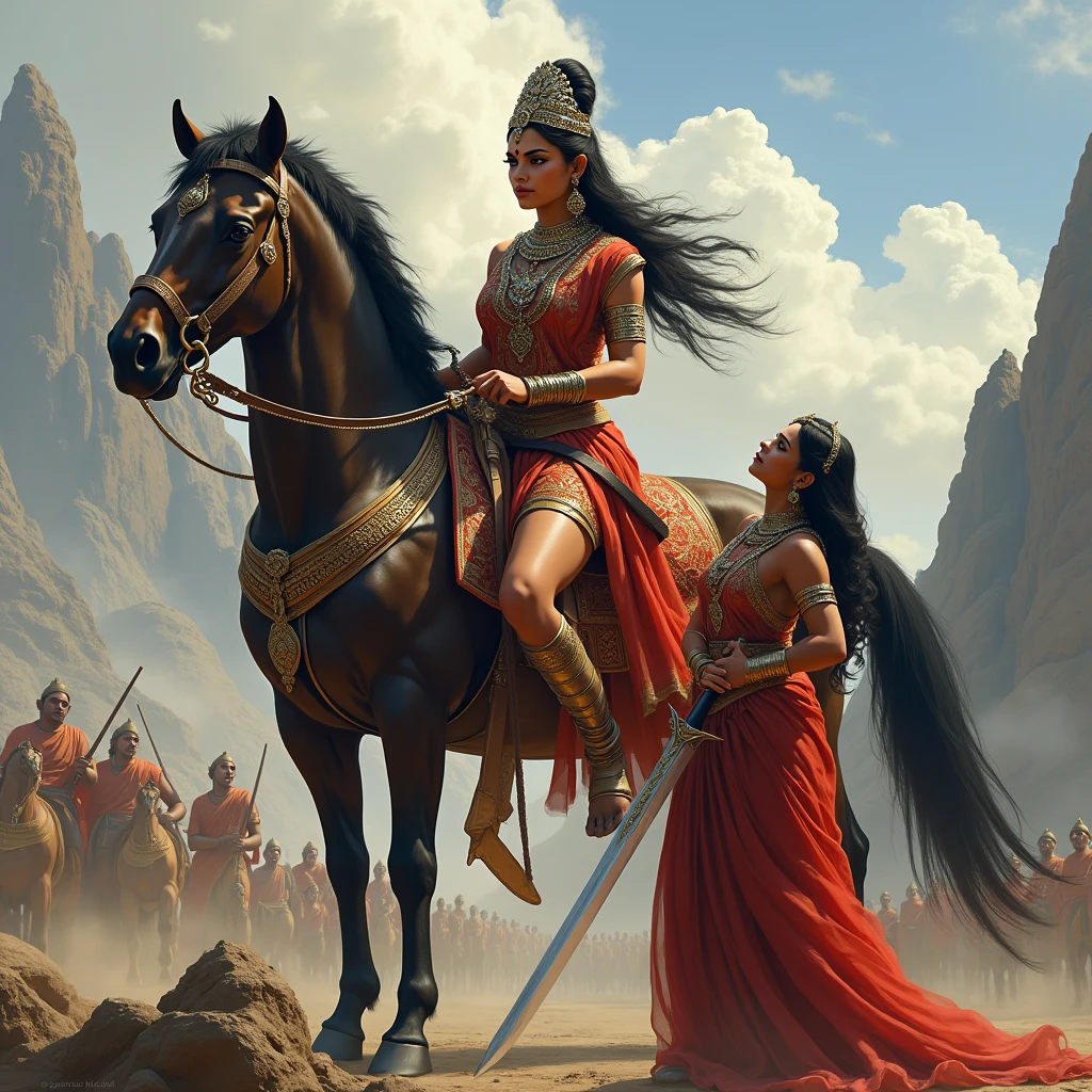 A South Indian queen, who is Hindu, is holding a sword in one hand and a horse in the other, with mountains and battlefields in the background and also the queen's maid. And queen one hand a katana