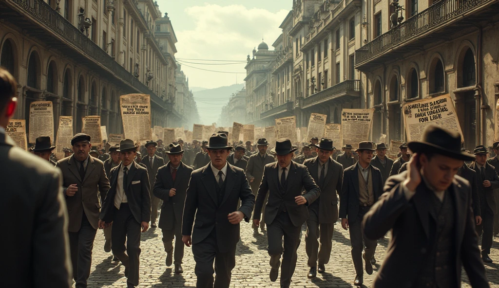 1912 Rio de JAneiro; Scared people walking around the city(masterpiece, best quality); newspapers with war news!