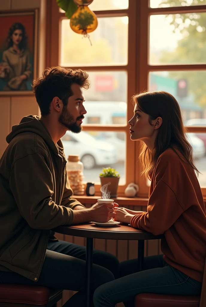 A picture of a young man sitting in a cafe, looking up at a young woman.