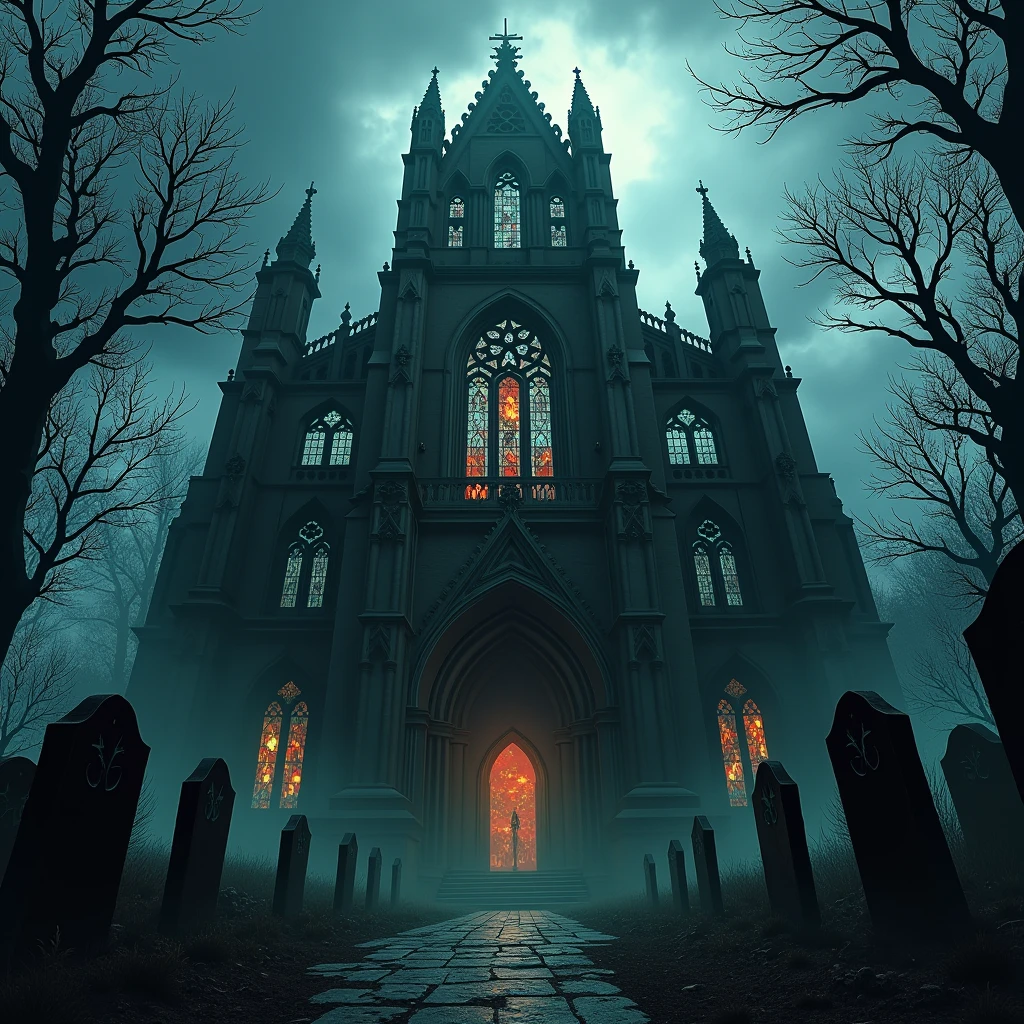 Dark gothic cathedral close up from bottom perspective