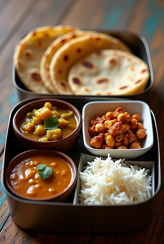 indian Lunch Box With 
4 Chapati
1 Aloo Mutter Gravy Bowl
1 Dal Bowl
1 Rice Bowl
Namkeen