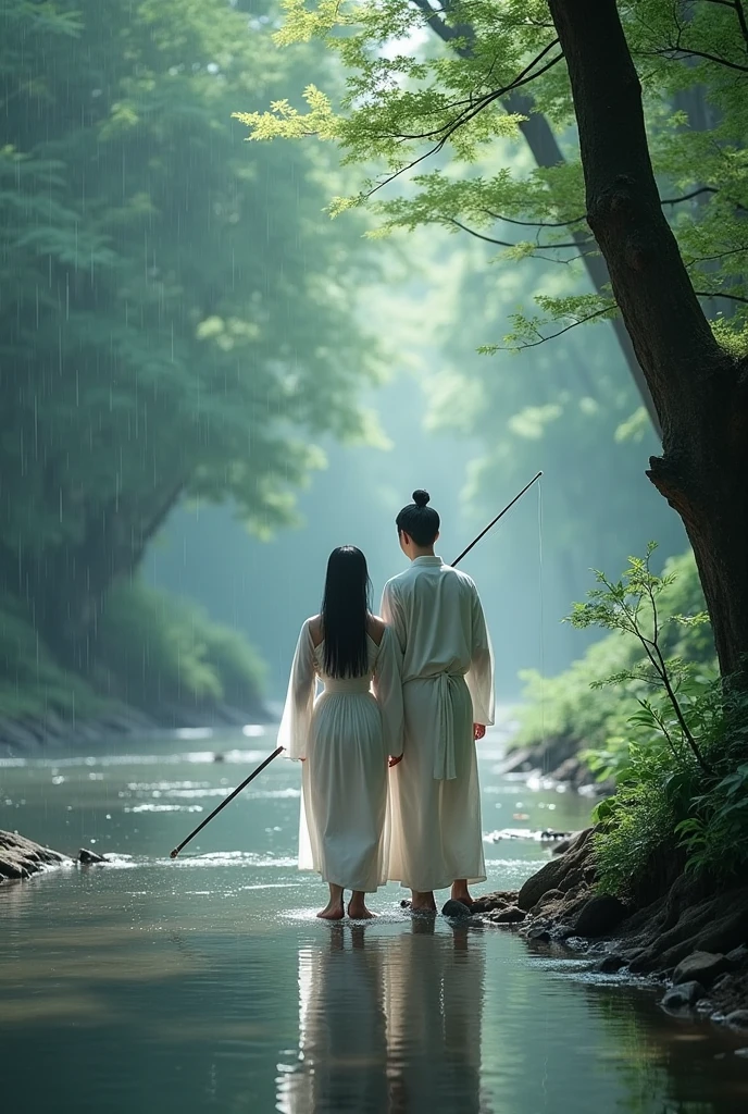 Personality traits"Ancient Chinese women of the Hanfu period"Very detailed images,,"A wide view shows the details of the vast forest. She is completely soaked..,Wearing a thin white villager&#39;s outfit, standing fishing by the river while walking hand in hand through the rainy forest while the body of the young man in white stands supporting and hugging the woman from behind.