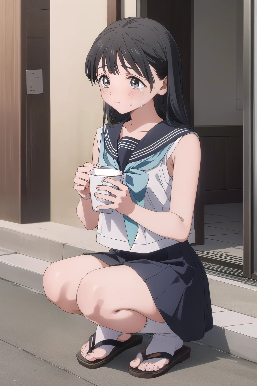 Akebi chan no sailor fuku, Akebi chan, Akebi chan crying, Akebi holding her head in her hands, sad face, Akebi chan on her knees in the street, Akebi with an empty cup in front of her