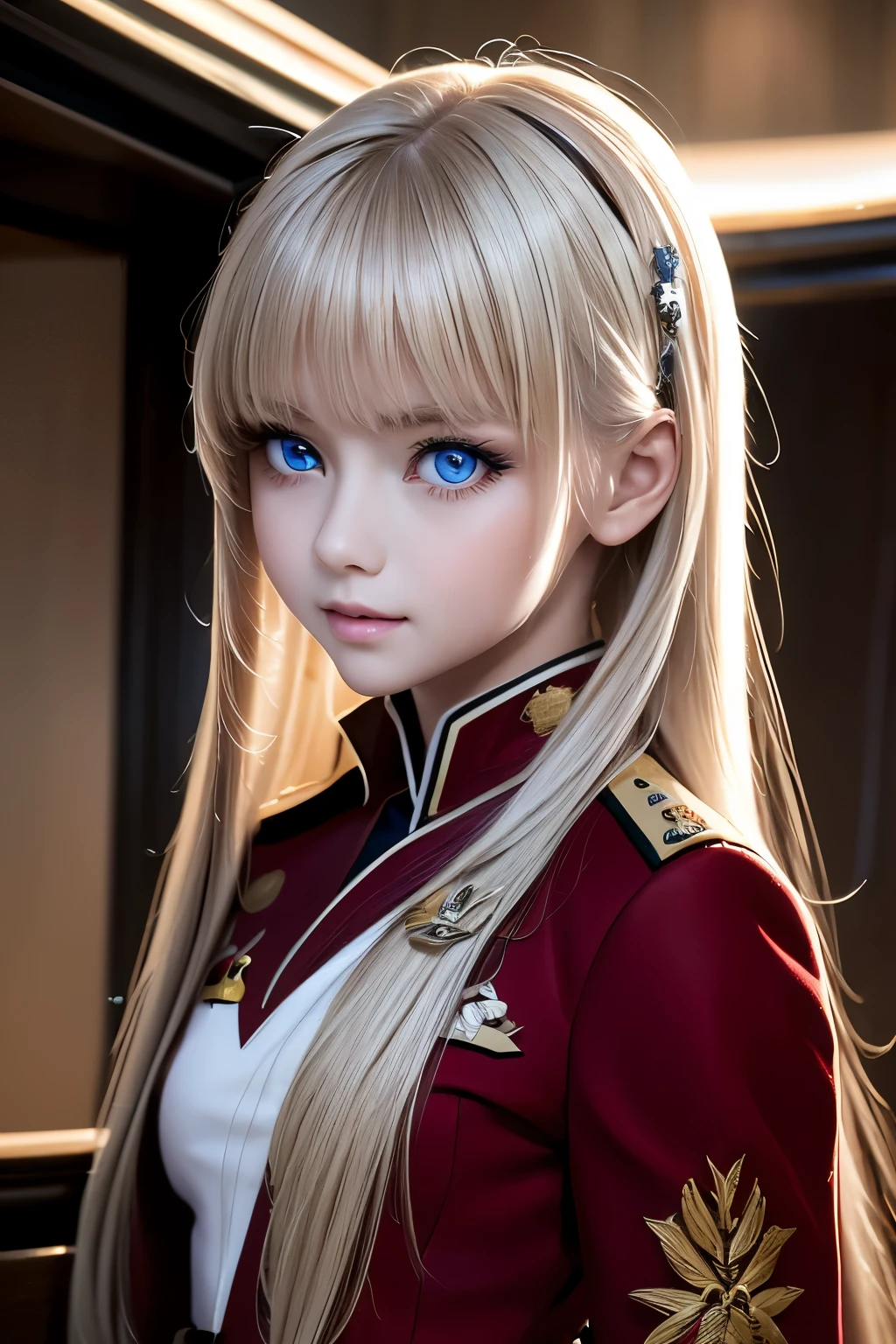 masterpiece,Highest quality,Very detailed,16 talented beautiful girls,Small breasts,White straight hair,Perfect Blue Eyes,very cute,Red military uniform,Sci-fi spaceship interior
