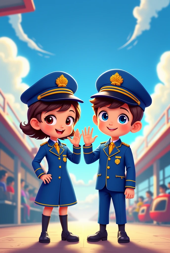 aurora airlines uniform with aurora color cartoon boy and girl