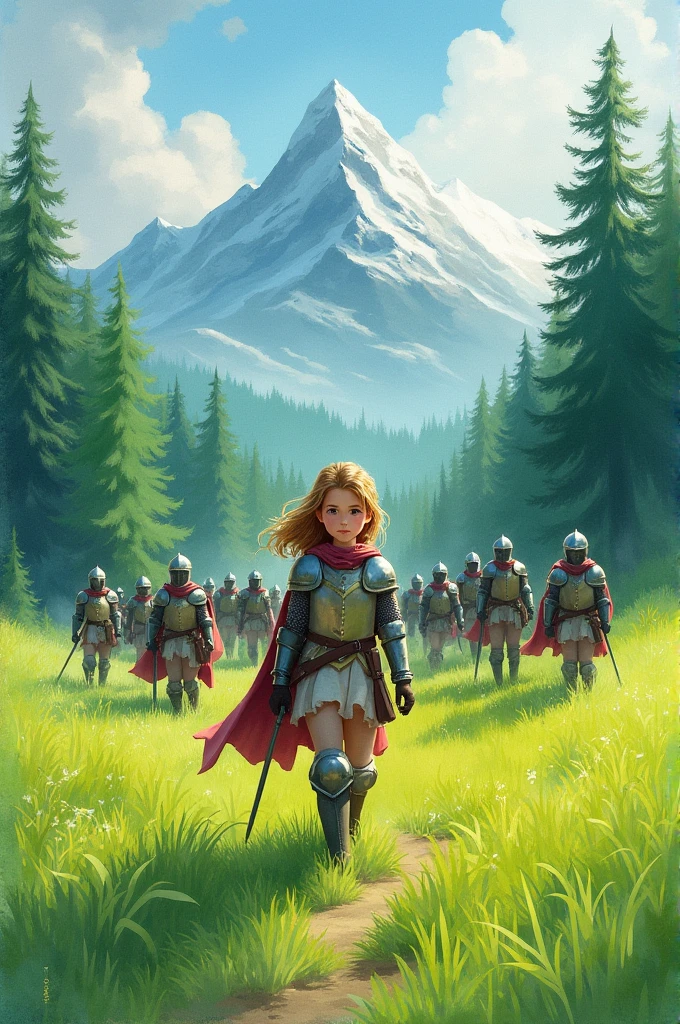 In a green meadow stands a girl leading a group of knights.
BREAK
With a brave expression, she guides them towards their destination.
BREAK
Behind her, a green forest stretches out and beyond that, mountains rise in the distance.
BREAK
The most suitable effect for this scene would be a watercolor painting technique to capture the softness of the meadow and the fluidity of the movement.
