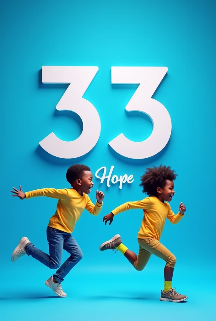 Create an image of 2 black children running with a blue background and the large number 33133 written in white above and the name hope in high relief below