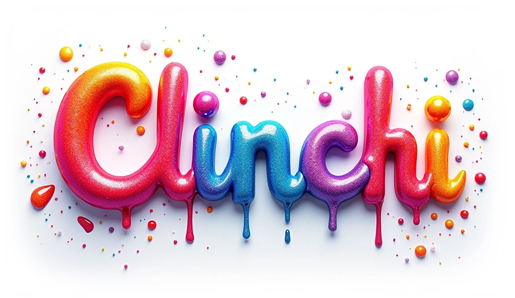 A mesmerizing 4D name "Clinchi" in a captivating, dripping, and glossy melting style. The bright, bold parcel colors glossy glitters letters are illuminated with vivid hues, emitting a whimsical, fun movement. Abstract shapes, splashes, and drops in various bright colors contribute to the dynamic atmosphere. The pristine white background contrasts with the bold, striking colors of the text and its surroundings, highlighting the artist's exceptional skills in 3D rendering and illustration. The artist's innovative fusion of typography, 3D rendering, and illustration results in an awe-inspiring piece that is visually stunning, transcending the boundaries of painting, 3D rendering, and vibrant typography., typography, vibrant, 3d render