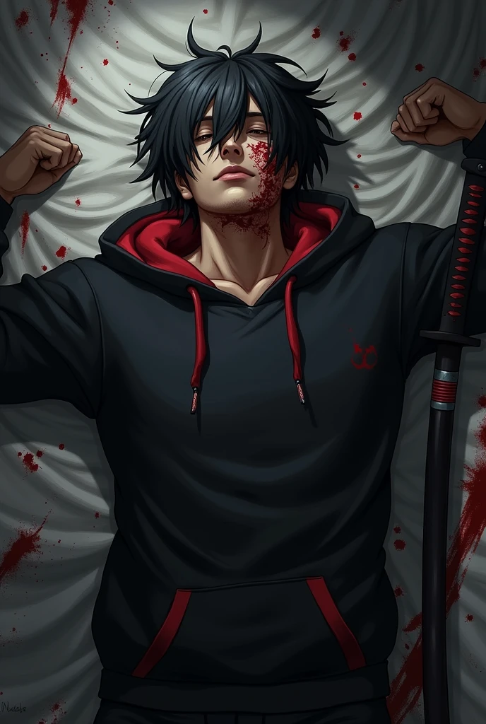 AN unconscious male character injured dying black hair thrown to one side black sweatshirt with red details and a katana