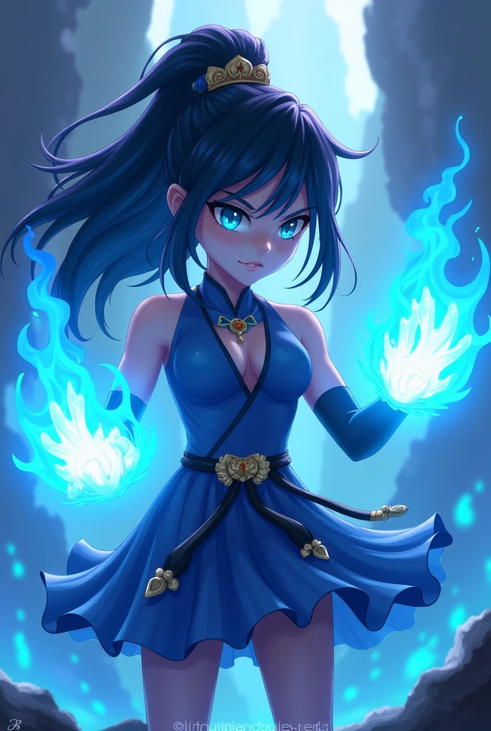 I'm going to create a game called Jujutsu Legacy. The Empire has how you can make a strong character with blue fire fists in his hands that is beautiful and eye-catching for people to enter my game. The name of the game has to be on the cover. Also, put the name of the game on the cover. The name of the game is Jujutsu Legacy. The Empire has how you can put a man in the image. Put him in the Roblox style. Make him more beautiful, more powerful, stronger, with more eye-catching fists so he can be flying. Have a very beautiful background. Make the character more beautiful. You don't need to put him in Roblox, but don't make him with stronger power. The name of my game is written on the cover. My game is inspired by curses and Jujutsu Kaiser. I need you to make a character similar to an anime. Jujutsu Kaiser