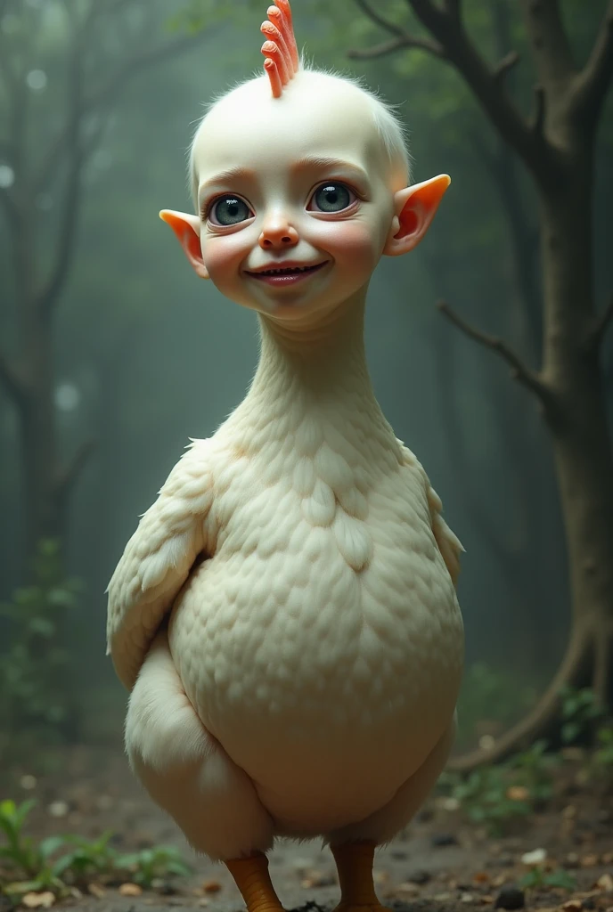Featherless chicken body with human face to be able to change face