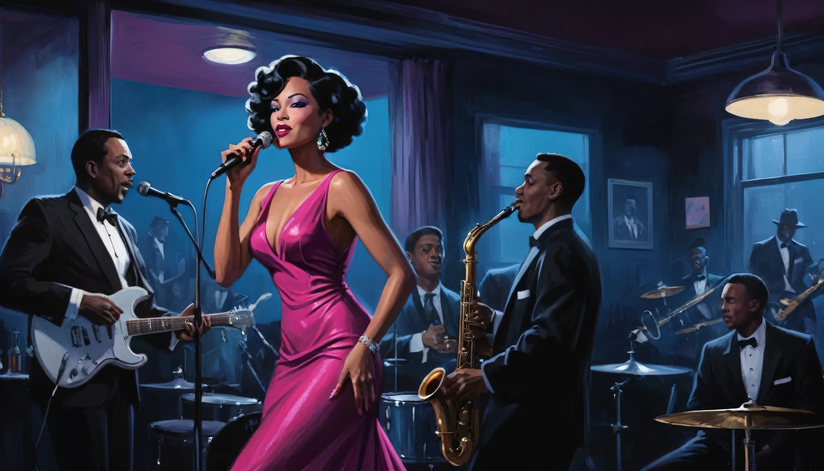 alabama bar, blue note, charismatic, baterist, guitarist, saxophonist, jazz band, fuchsia dress, illustration, noir fantasy, singer lady, 