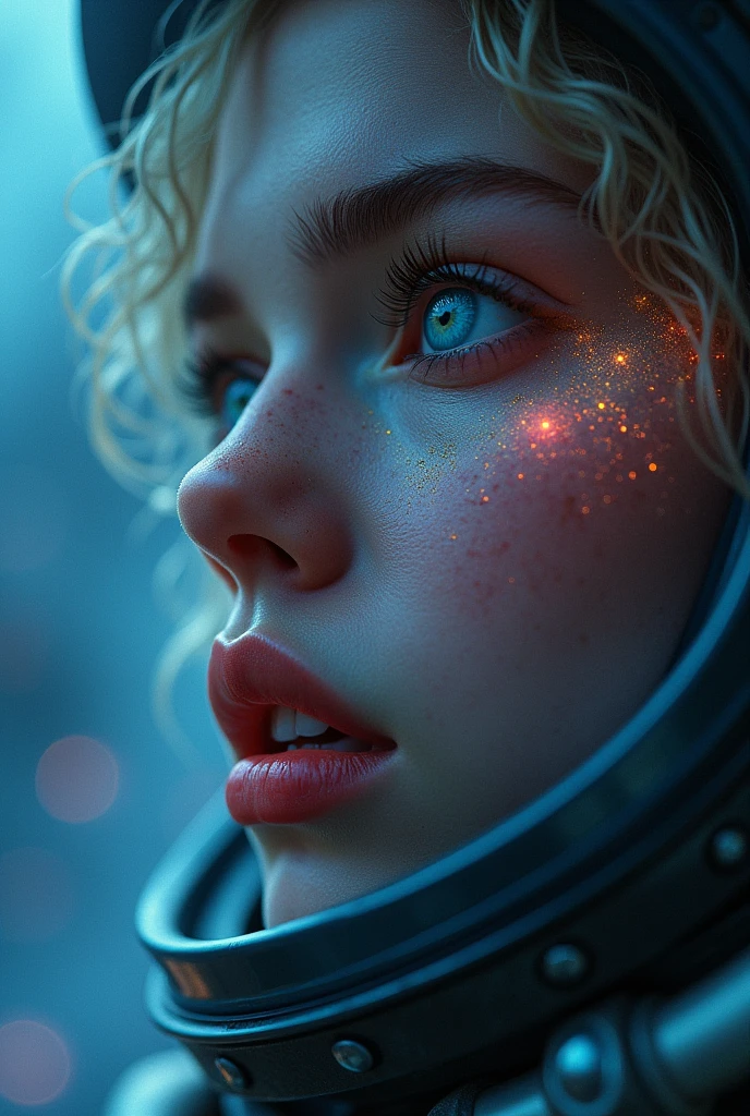 (Close-up of a better masterpiece:1.5)0.9], (Space and astronauts:1.2) (Messy silver hair:1.1) (Heterochromia xanthochromia and blue eyes:1.pace Helmet:1.0) (Colored stars in the eyes:1.0) (A radiant glow:1.1) (thick lips:0.9)