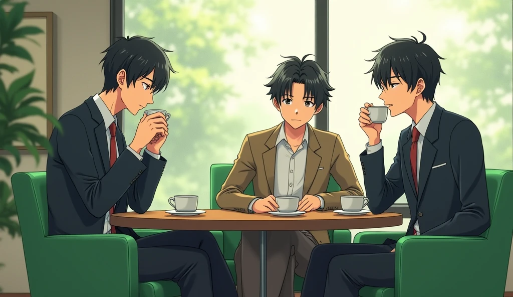Three male Japanese university students wearing fashionable clothes are relaxing on green chairs with calm expressions, drinking tea and talking to each other.,Excited, Photo of your face, In a calm room, with a natural look, With a slightly tired look, tilt your face a little, Diagonal orientation, Average face