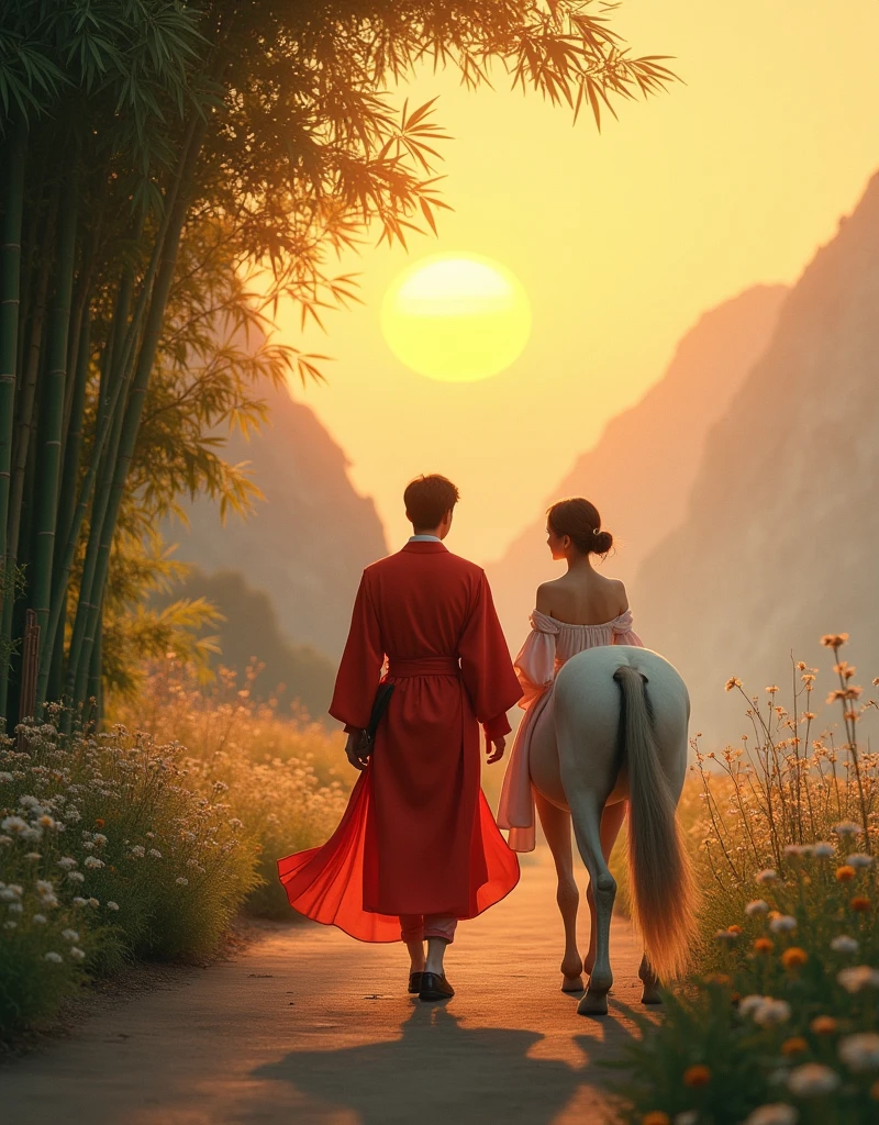 a personable gentleman，Aged between 20 and 2，Hidden in my heart is a deep love for the women in the world，But never said it。He has been silently by her side for many years，About the same age as a woman，Dressed in white，Wearing a bright red robe that is the same as the woman&#39;s，Holding a white horse in hand，Show elegance and calmness。Although his love occasionally shows through his actions，But the woman doesn’t know his feelings。in the screen，Man turns his back to woman，Walk towards the camera，The woman is still looking into the distance。The man finally chose to leave，Because he understands that the woman&#39;s deep love is still waiting for that old friend。He knows that he has no destiny in this life，Only the next life will continue。

The background is set on a quiet mountain road，The afterglow of the setting sun dyes the entire scene with golden light and shadow。The light is real and warm，The mountains in the distance and the remaining clouds on the horizon look  and beautiful。The path is lined with low bamboo forests and scattered wild flowers.，blowing with the evening wind，The texture and real details of bamboo leaves and wildflowers are clearly visible。The entire screen presents unparalleled resolution，Details remain clear and realistic even when zoomed in，Make this image look great on the big screen or up close，All display stunning picture quality。

The background and atmosphere should reflect his quiet guardianship。
