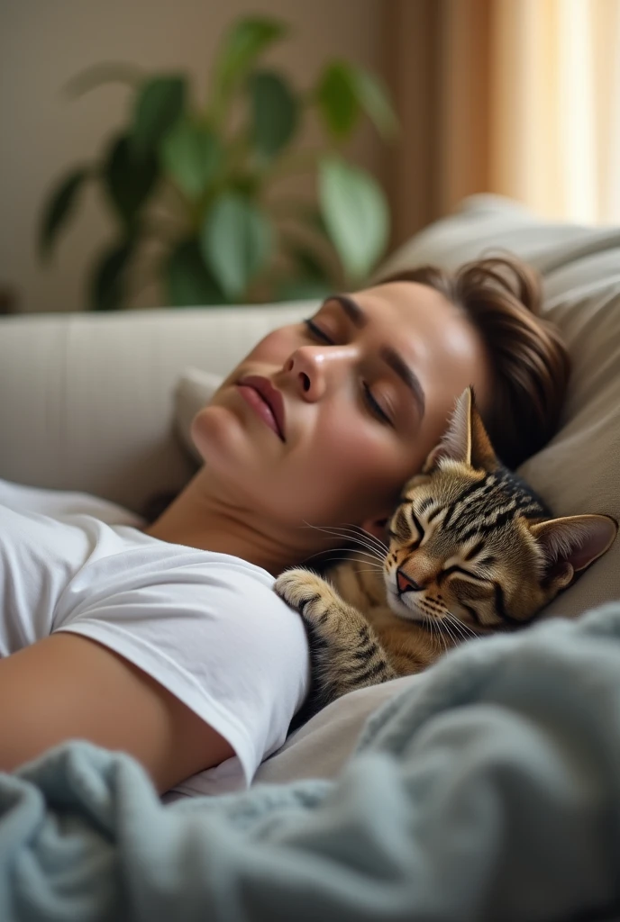 first-person perspective, Professional photography, I am lying on my back on the sofa in the living room taking a nap. My beloved brown tabby kitten is curled up on the chest of my white T-shirt taking a nap. When I wake up, I can feel the kitten's breathing directly on my chest. The moment I feel the kitten's warmth and look at its sleeping face is the happiest moment for me. sunshine comes inside from window, pastel bokeh effect, depth of field, subsurface light scattering, hyper Realistic, Professional photography, Cinema Lighting