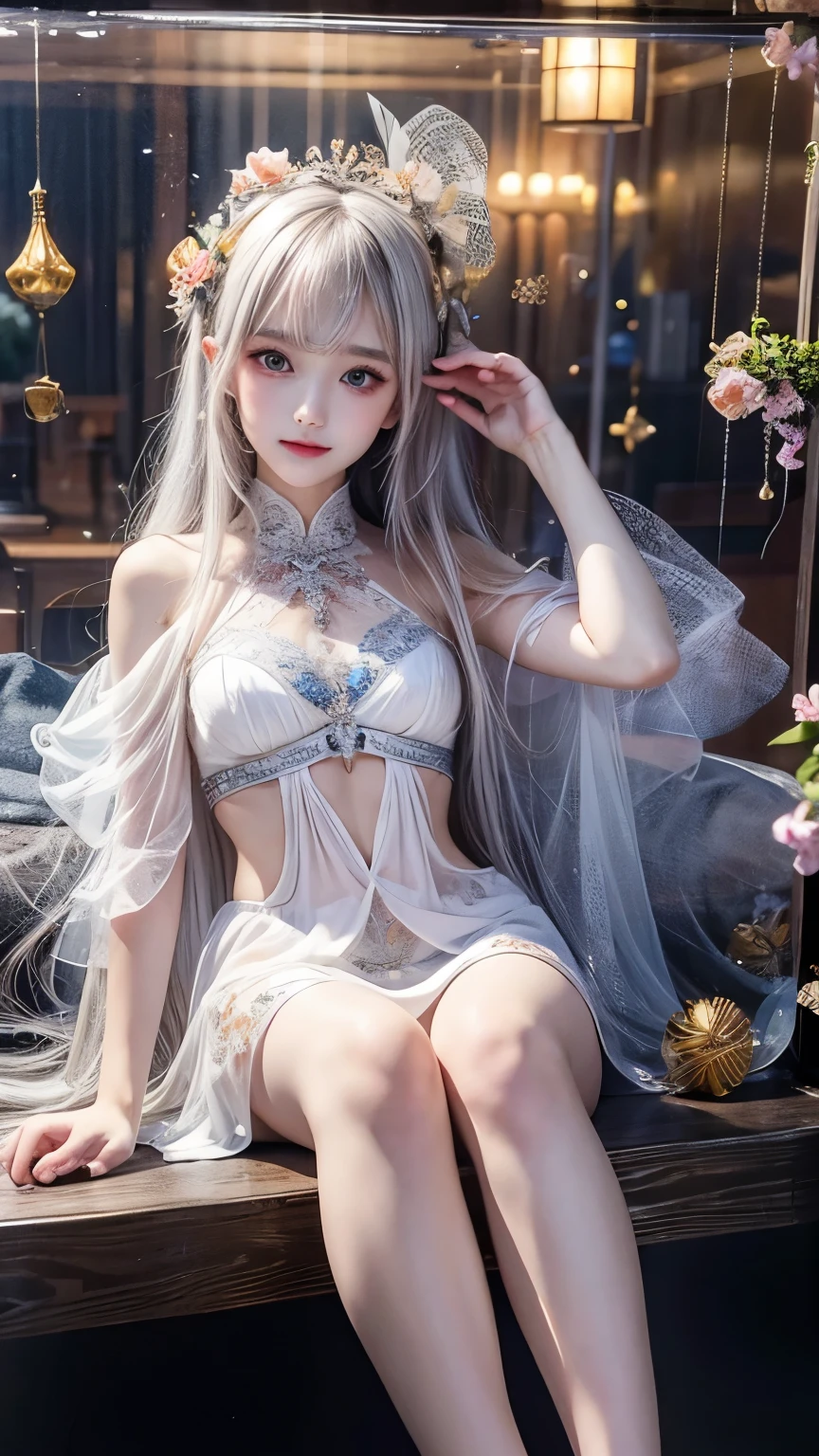 Best Quality, masutepiece, (Realistic:1.2), 1 girl, Detailed face, Beautiful eyes, [(Transparent background:1.5)::5],(((masutepiece))),(((Best Quality))),(((Extremely detailed))),Illustration, 1girll,Solo,Mysterious,vivd colour, shiny, Underwater transparent sealed hemispherical glass dome, (White hair),(Purple eyes), full body Esbian, Barefoot, Tranquility of long hair、naturey, Koi, under the water, dome, close up, Dynamic Actions, Lens perspective,(((Box configuration))),Sitting cross-legged，Leaning against the bookshelf, voluminetric lighting, multi-color eyes, Detailed eyes, ultra - detailed, lightsmile, Highly detailed, Beautiful, small detailed, ultra-detailliert, Best Quality, Convoluted, 4K, 8K, Trending on Art Station, Good anatomy, Beautiful lighting, Award-winning,