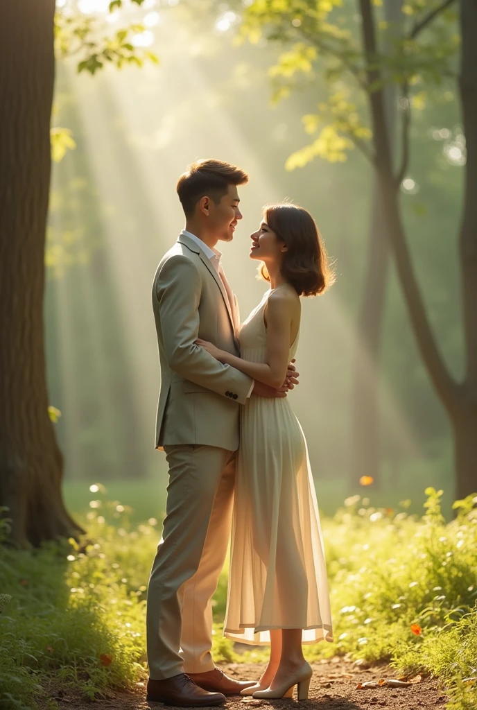 couple posing for a photo against the backdrop of a clearing in the forest, full length, young man with short hair in light linen suit, girl with short haircut layered bob light brown color, in a light ivory dress, lovely couple, A glade in the forest, Gleams, sunlight, glare, 8 K)), Kim Do-yeon, 🚿🗝📝, Jinyoung Shin, 🍁 Cute, couple pose, ❤🔥🍄🌪, nostalgic 8 K, With a bang, Bae Suzy, ✨🕌🌙, 4k post, 4k post, Oljan