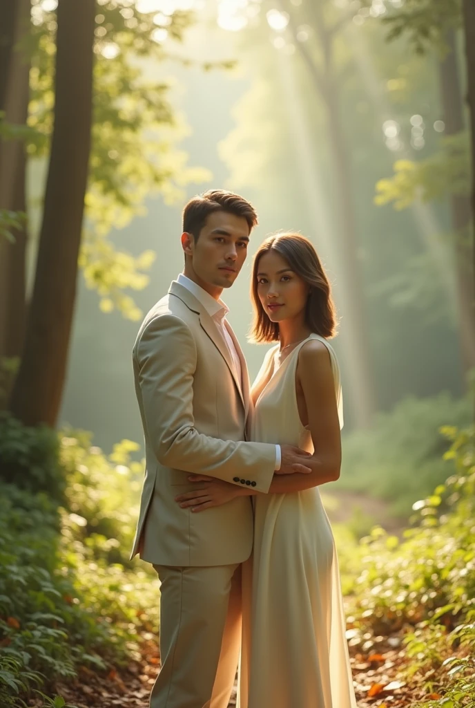 couple posing for a photo against the backdrop of a clearing in the forest, full length, young man with short hair in light linen suit, girl with short haircut layered bob light brown color, in a light ivory dress, lovely couple, A glade in the forest, Gleams, sunlight, glare, 8 K)), Kim Do-yeon, 🚿🗝📝, Jinyoung Shin, 🍁 Cute, couple pose, ❤🔥🍄🌪, nostalgic 8 K, With a bang, Bae Suzy, ✨🕌🌙, 4k post, 4k post, Oljan