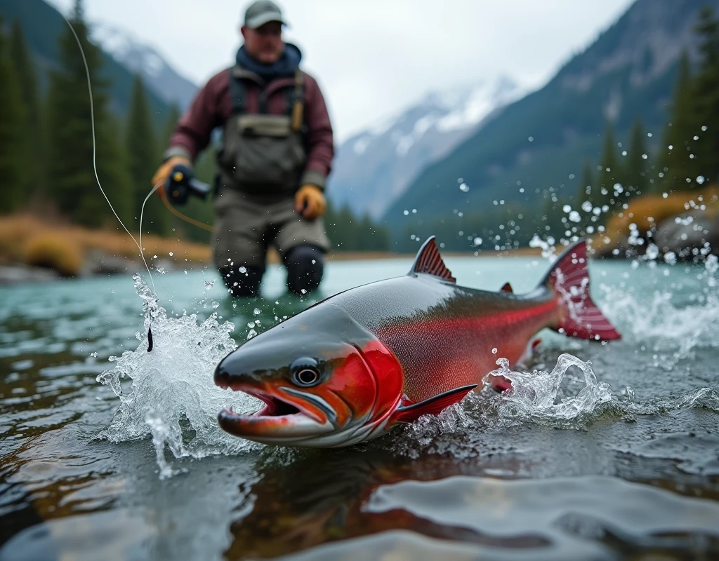 Professional photos, The fly landed on the water, Thrown from a fishing pole, Sockeye salmon biting from underwater, dynamic motion, Clear Canadian mountain streams, (Fly Fishing), A fisherman can be seen in the background looking towards us., Bend the fly rod in your hand, Staring intently at the fish, BREAK The moment the fish bites the fly, and…