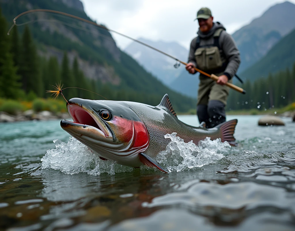 Professional photos, The fly landed on the water, Thrown from a fishing pole, Sockeye salmon biting from underwater, dynamic motion, Clear Canadian mountain streams, (Fly Fishing), A fisherman can be seen in the background looking towards us., Bend the fly rod in your hand, Staring intently at the fish, BREAK The moment the fish bites the fly, and…