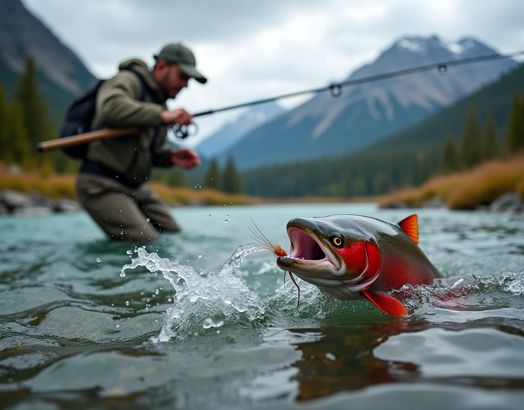 Professional photos, The fly landed on the water, Thrown from a fishing pole, Sockeye salmon biting from underwater, dynamic motion, Clear Canadian mountain streams, (Fly Fishing), A fisherman can be seen in the background looking towards us., Bend the fly rod in your hand, Staring intently at the fish, BREAK The moment the fish bites the fly, and…