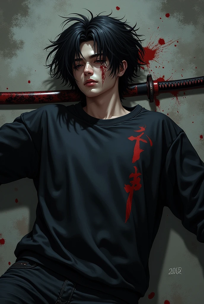 AN unconscious male character injured dying black hair thrown to one side black sweatshirt with red details and a katana