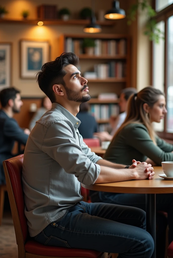 A picture of a young man sitting in a cafe, looking up.