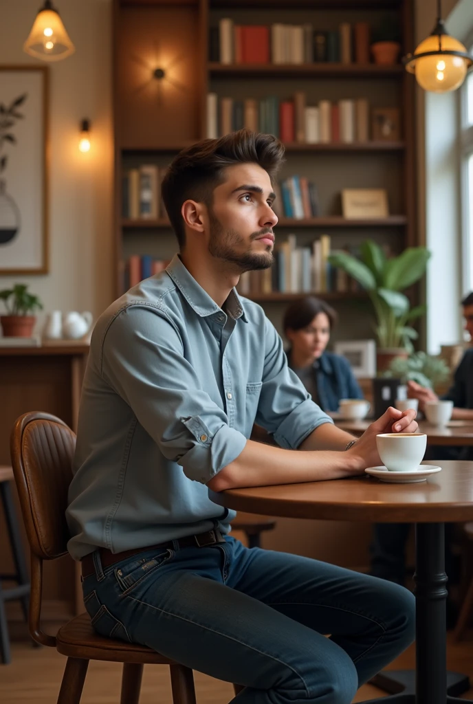 A picture of a young man sitting in a cafe, looking up.