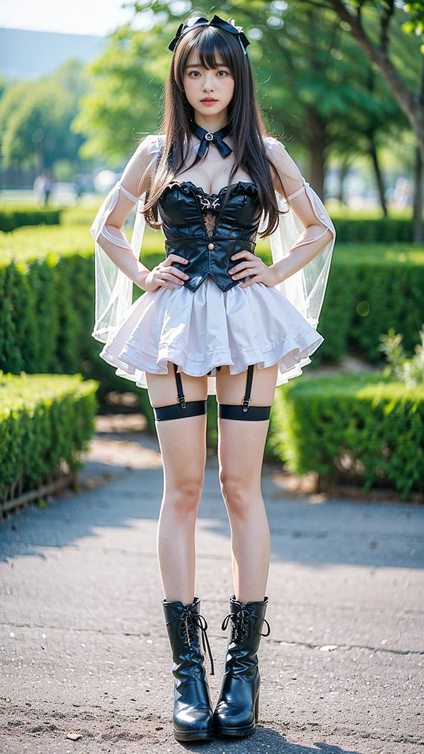 (8k、RAW Photos、Highest quality、masterpiece:1.2)、(Realistic、Realistic)、1 person、((black and white、Cleavage、tights、Gloves、Garter Ring、mini skirt、Thin legs、whole body、boots、View from the front、Looking into the camera、Night Park、Stand with hands on hips))、cute
