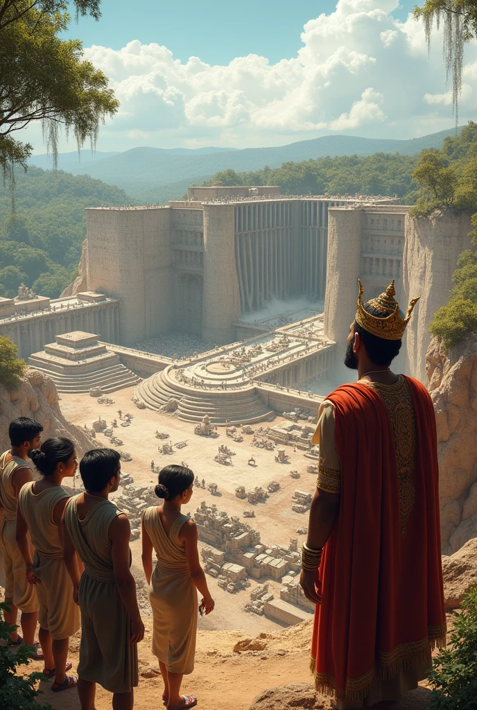 Overseeing construction
King Parakramabahu inspects the construction of a reservoir. He is seen standing beside engineers and architects, observing the progress with a thoughtful expression. The image captures the expansive construction site and the intricate planning involved.