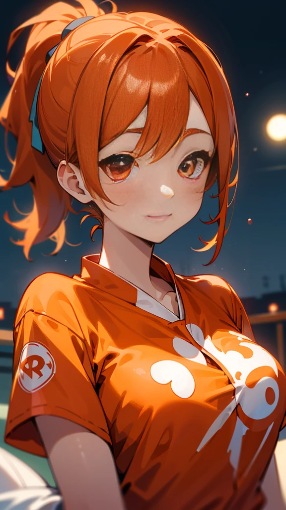 One Young Woman、alone、Orange blouse shirt、Orange Hair、Side Ponytail、Beautiful red eyes、A gentle gaze、smile、Upper body close-up、Shrimp mascot、Delicate contours、Under the moonlight、Background Blur
