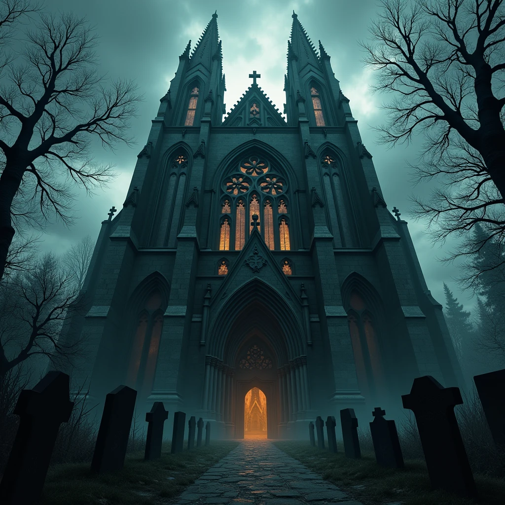 Dark gothic cathedral close up from bottom perspective