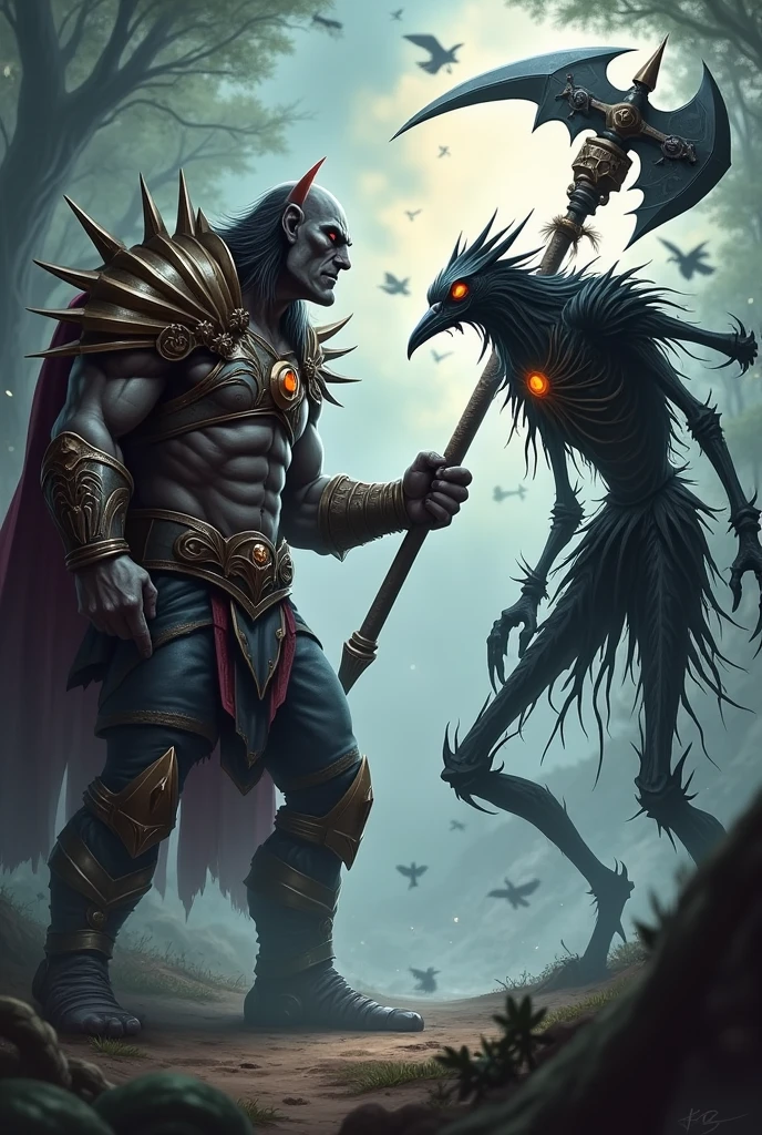 Darius and Fiddlesticks league of legends drawing in the summoner rift darius with a large axe and fiddlesticks with a scythe with crows behind