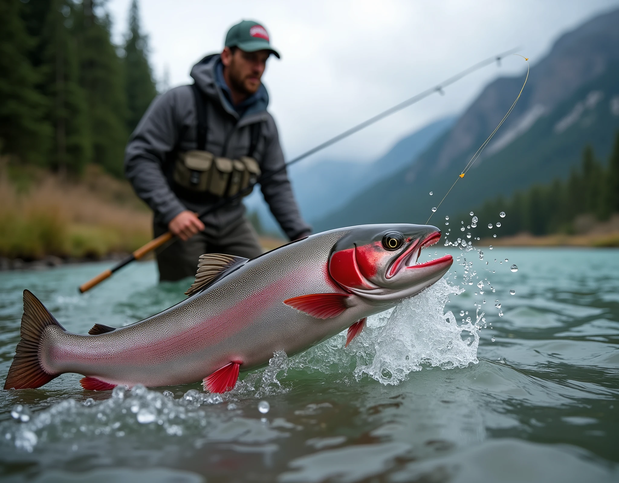 Professional photos, The fly landed on the water, Thrown from a fishing pole, Sockeye salmon biting from underwater, dynamic motion, Clear Canadian mountain streams, (Fly Fishing), A fisherman can be seen in the background looking towards us., Bend the fly rod in your hand, Staring intently at the fish, BREAK The moment the fish bites the fly, and…