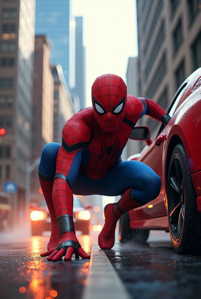 Spider man 4k quality ultra realistic and very dangerous movement and car catch up highest resolution highest quality ultra realistic light