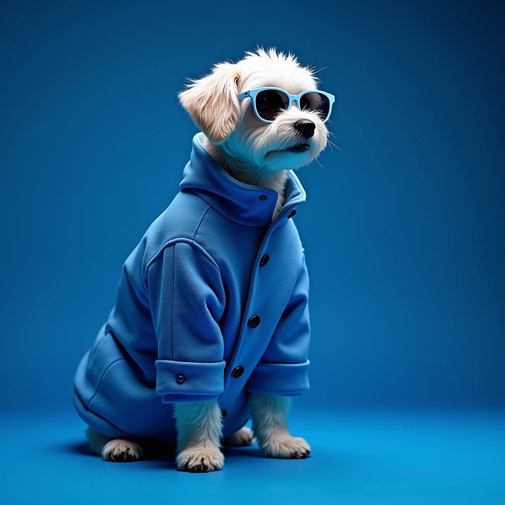 The best profile picture, Award-Winning Wallpaper, portrait photography, In the front view is a portrait of a cute dog wearing mid-1960s space age fashion, Side view photo, Shot with Canon EOS R5, Set a strong contrast that accentuates the subject, Fluorescent blue tone, Wearing a very modern coat and sunglasses is a modern 1960s style, Clothes all in one color, beautiful background