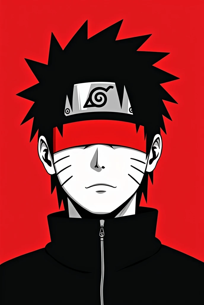 A stylized Art vectoriel portrait of Naruto with a black and white face, partiellement obscurci par une bande rouge audacieuse sur ses yeux et sa bouche. L'arrière-plan est rouge uni. La figure semble solennelle, Art vectoriel, symmetrical