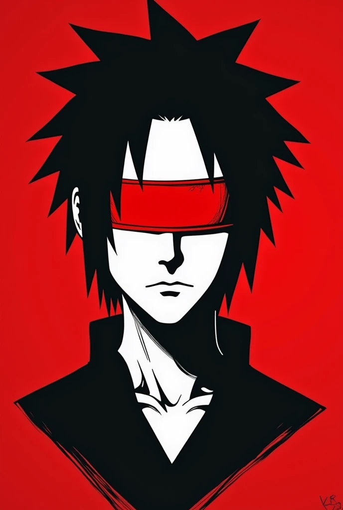 A stylized Art vectoriel portrait of Naruto with a black and white face, partiellement obscurci par une bande rouge audacieuse sur ses yeux et sa bouche. L'arrière-plan est rouge uni. La figure semble solennelle, Art vectoriel, symmetrical