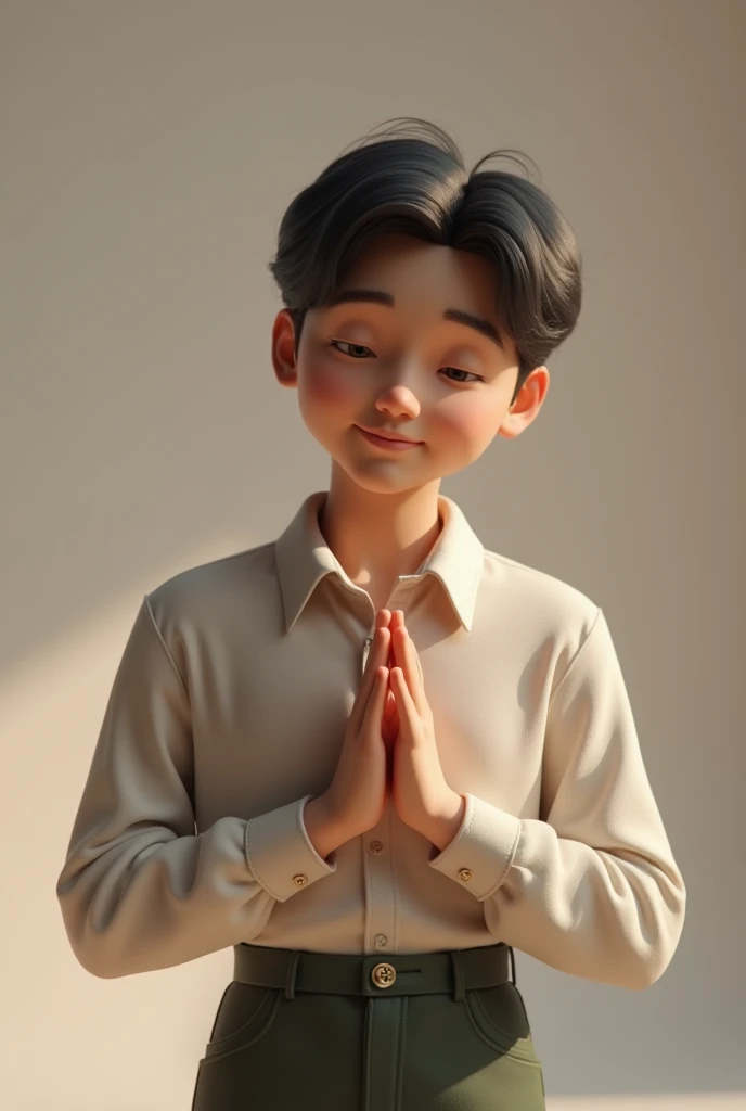 A person doing a nod that is slightly bowing his head and has a smile on his face