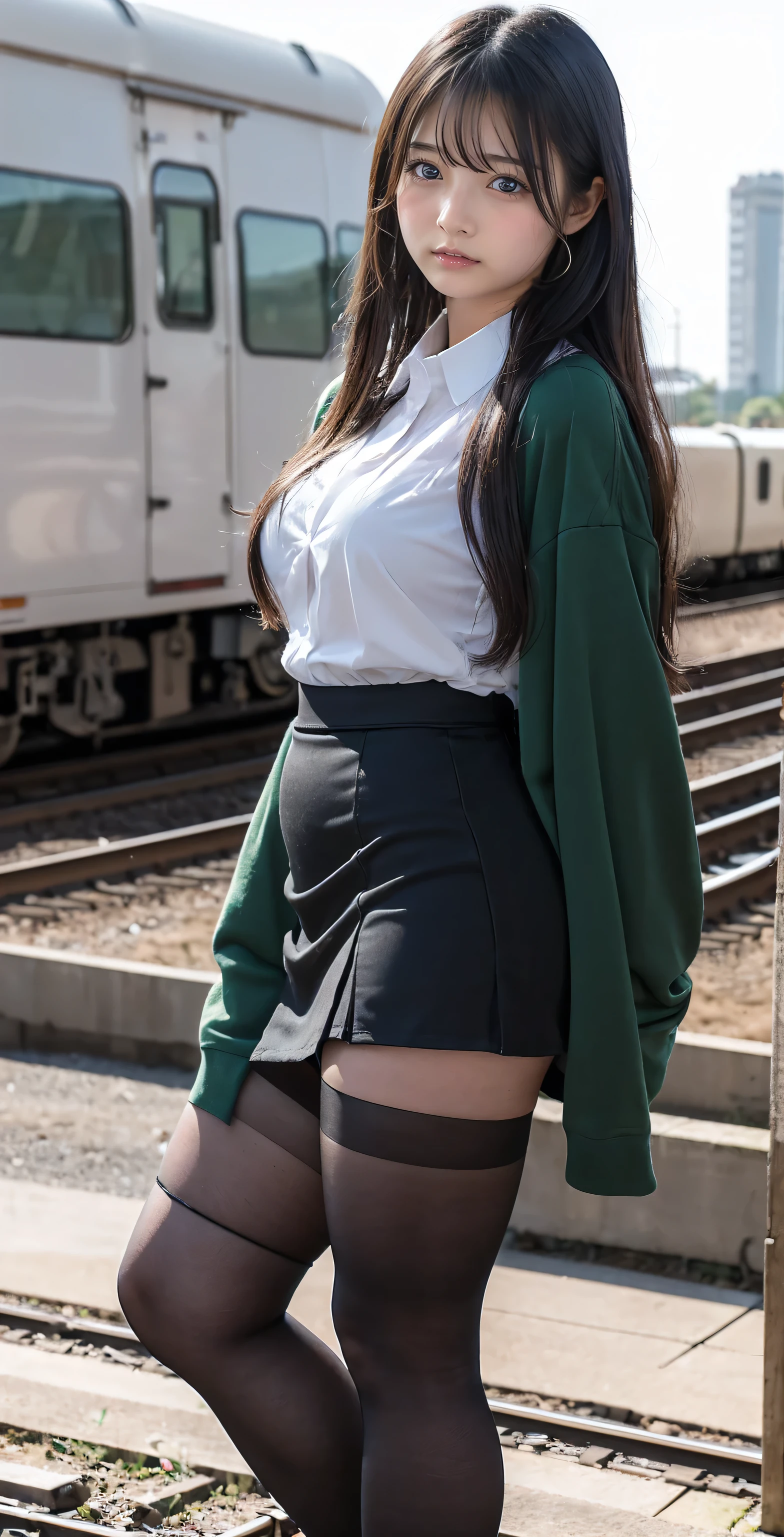 Great quality, 16K, (RAW Photos:1.4), High resolution, ((Composition away from the subject)), ((Full body photo from face to ankles)), ((Perfect Anatomy)), (((2 women))) 24-years-old, (Please take a picture from the front.), First Person View, Wide-angle, 超High resolution, Anatomically correct, Super Detail, (8k), (Highest quality: 1.5), Very detailed, Golden Ratio, (Two tall Japanese college students), 24-years-old, (H Cup Big:1.7), Very large breasts bigger than a face, Cleavage, (Two Sisters), (Full body photo), Large build, ((A dark green shirt with ribbon and a tight black miniskirt)), Detailed skin, Glowing Skin, Baby Face, Japanese, sakimichan, Jaeyoung Nam, Kim Tae-jun, double eyelid, eyes with long eyelashes, Small face, Three Sisters, (Full body photo), (Super cute face), A little smile, Black Hair, Long Hair, hair band, Glare, Frowning, Frowning, Frowning, Overlooking here, Stand in the center of the railroad tracks, Stretch your back, bright,black tights, (Sexy black tights), Brown high heels, Full Body Shot, Beautiful Hairstyles, Accentuates very wide legs,(Very cute face, Overlooking here, Keep your hands on your hips, Stand with your feet shoulder-width apart), Simple uniforms, The sisters are wearing the same., Long sleeve uniform, ((thick and long legs)), (Very wide thighs:1.6), (Very long legs:1.4), (I always wear black tights), (The tight mini skirt is a plain black, Very short), (Oily shiny black tights) , (Wearing high heels), (Very wide thighs), (plump legs), (They always wear black tights.),The sisters are wearing the same clothes, She is wearing a white shirt with a red ribbon and a tight black miniskirt., Street Snap, Full Body Shot of a woman wearing a micro mini skirt and black tights,(The skirt is very short), (Very long legs), (Very wide thighs), (plump legs), (She always wears black tights.), (Oily shiny black tights), (Wearing high heels),