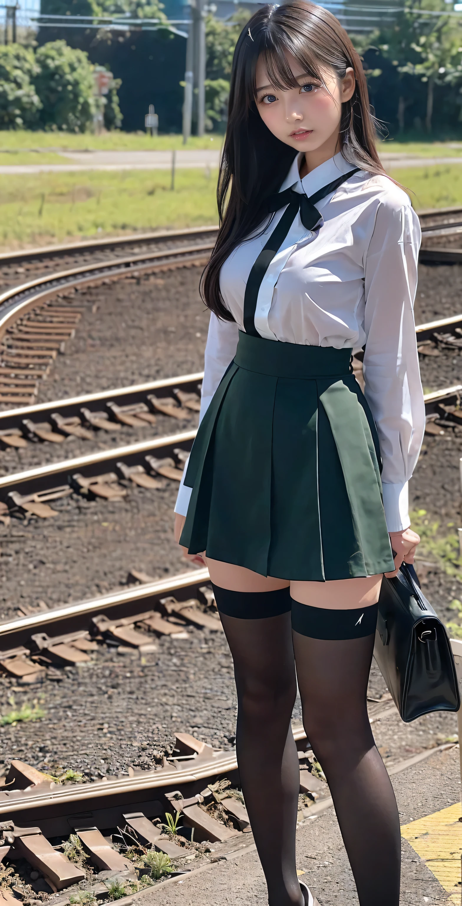 Great quality, 16K, (RAW Photos:1.4), High resolution, ((Composition away from the subject)), ((Full body photo from face to ankles)), ((Perfect Anatomy)), (((2 women))) 24-years-old, (Please take a picture from the front.), First Person View, Wide-angle, 超High resolution, Anatomically correct, Super Detail, (8k), (Highest quality: 1.5), Very detailed, Golden Ratio, (Two tall Japanese college students), 24-years-old, (H Cup Big:1.7), Very large breasts bigger than a face, Cleavage, (Two Sisters), (Full body photo), Large build, ((A dark green shirt with ribbon and a tight black miniskirt)), Detailed skin, Glowing Skin, Baby Face, Japanese, sakimichan, Jaeyoung Nam, Kim Tae-jun, double eyelid, eyes with long eyelashes, Small face, Three Sisters, (Full body photo), (Super cute face), A little smile, Black Hair, Long Hair, hair band, Glare, Frowning, Frowning, Frowning, Overlooking here, Stand in the center of the railroad tracks, Stretch your back, bright,black tights, (Sexy black tights), Brown high heels, Full Body Shot, Beautiful Hairstyles, Accentuates very wide legs,(Very cute face, Overlooking here, Keep your hands on your hips, Stand with your feet shoulder-width apart), Simple uniforms, The sisters are wearing the same., Long sleeve uniform, ((thick and long legs)), (Very wide thighs:1.6), (Very long legs:1.4), (I always wear black tights), (The tight mini skirt is a plain black, Very short), (Oily shiny black tights) , (Wearing high heels), (Very wide thighs), (plump legs), (They always wear black tights.),The sisters are wearing the same clothes,  She is wearing a white shirt with a red ribbon and a tight black miniskirt., Street Snap, Full Body Shot of a woman wearing a micro mini skirt and black tights,(The skirt is very short), (Very long legs), (Very wide thighs), (plump legs), (She always wears black tights.), (Oily shiny black tights), (Wearing high heels), 