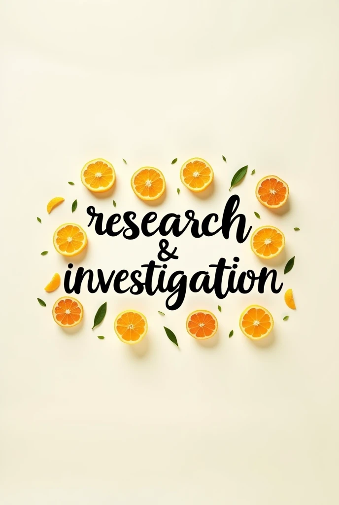 I want you to create the word "Research & Investigation" in an interesting font and a theme related to citrus fruits. Don't make it like a poster, instead, just the font in a single line, no colour in the background. The colour of the word should be black. And maybe add some cute tiny sliced up citrus fruits in the background. Make the font in a single line and simple, remember, colour of the words should be black. Word: "Research & Investigation". Make the word in a straight line instead of putting the word investigation underneath 
