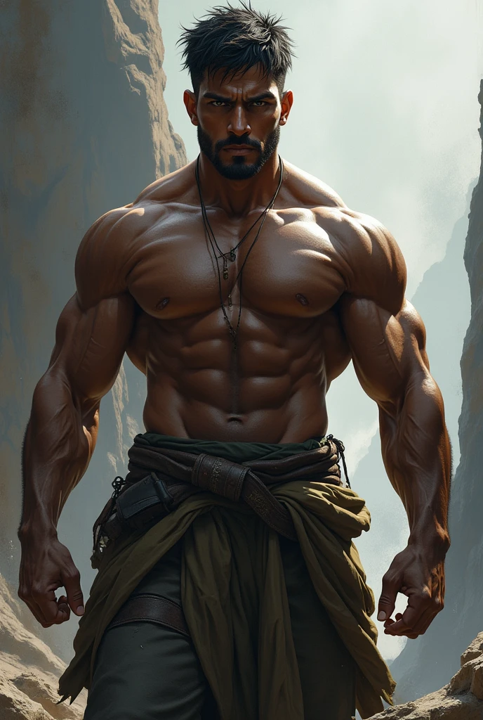 An image that simulates the awakening of a dark-skinned warrior without armor,  short hair and medium sambo. normal eyes.