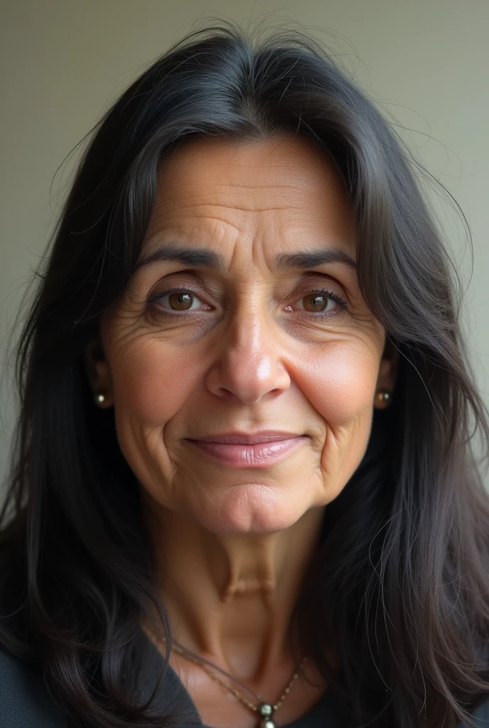 Women Straight long hairs fat face mid 50’s age with. Few wrinkles around forehear and eyes fair snd palestinian features and round big eyes and huge lips and black hairs and brown eyes and big nose very chubby cheeks and fat chin