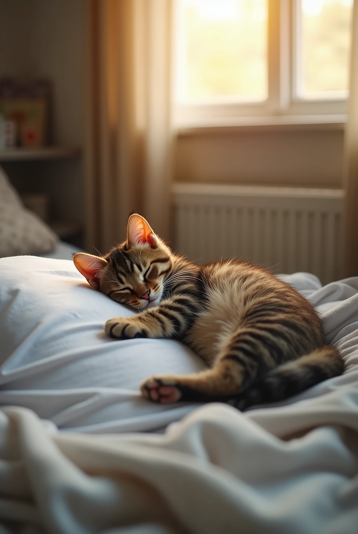 first-person perspective, Professional photography, I am lying on my back on the sofa in the living room taking a nap. My beloved brown tabby kitten is curled up on the chest of my white T-shirt taking a nap. When I wake up, I can feel the kitten's breathing directly on my chest. The moment I feel the kitten's warmth and look at its sleeping face is the happiest moment for me. sunshine comes inside from window, pastel bokeh effect, depth of field, subsurface light scattering, hyper Realistic, Professional photography, Cinema Lighting