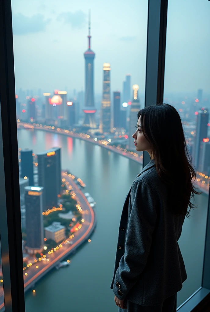 View of the most important buildings in Shanghai from the window of a taller building with a Caucasian woman standing to the right of the window image looking at the city and the river, an image just like the sample